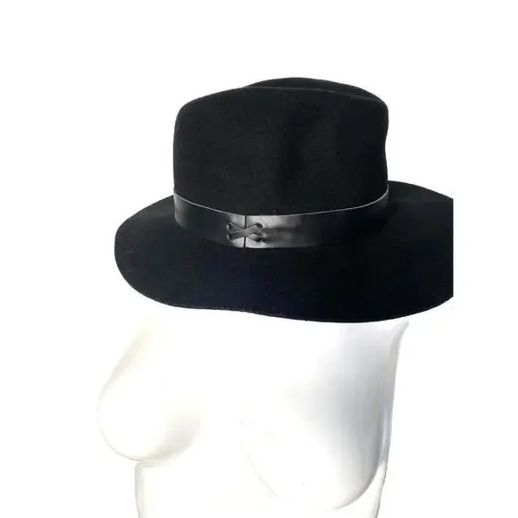 NWT Hat Attack Womens 100% Wool Felt Brimmed Fedora Leather Trim Black Hat - Picture 6 of 12